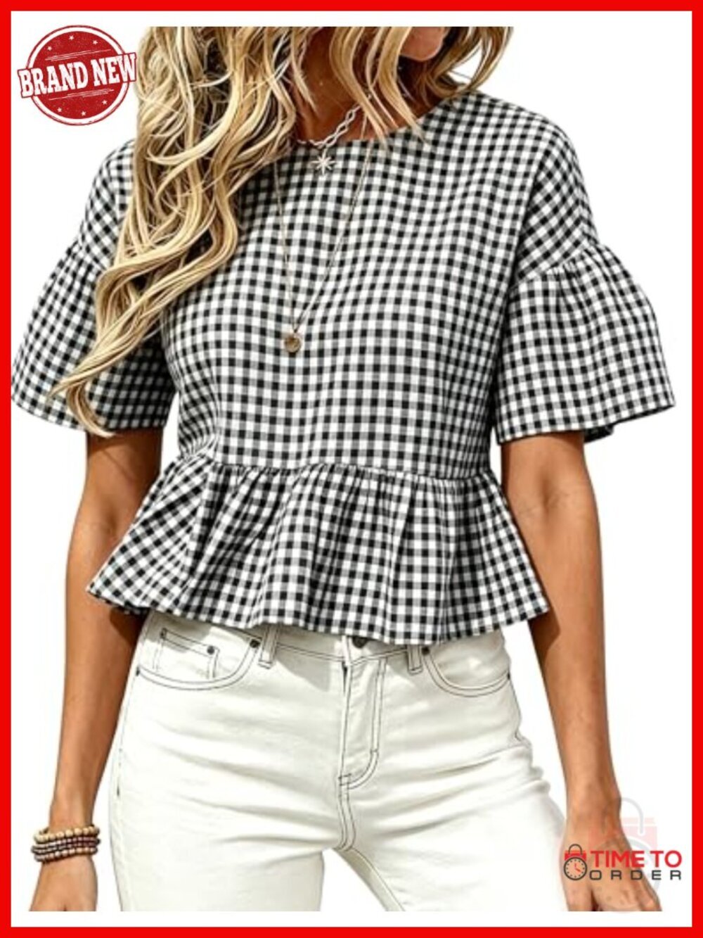 Womens Gingham Top Short Bell Sleeve Crew Neck Ruffle Babydoll Peplum Blouse